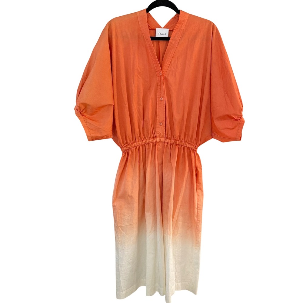 (nude) Orange Ombre Cotton Midi Dress Italian Made V-Neck Elastic Waist Sz 42
